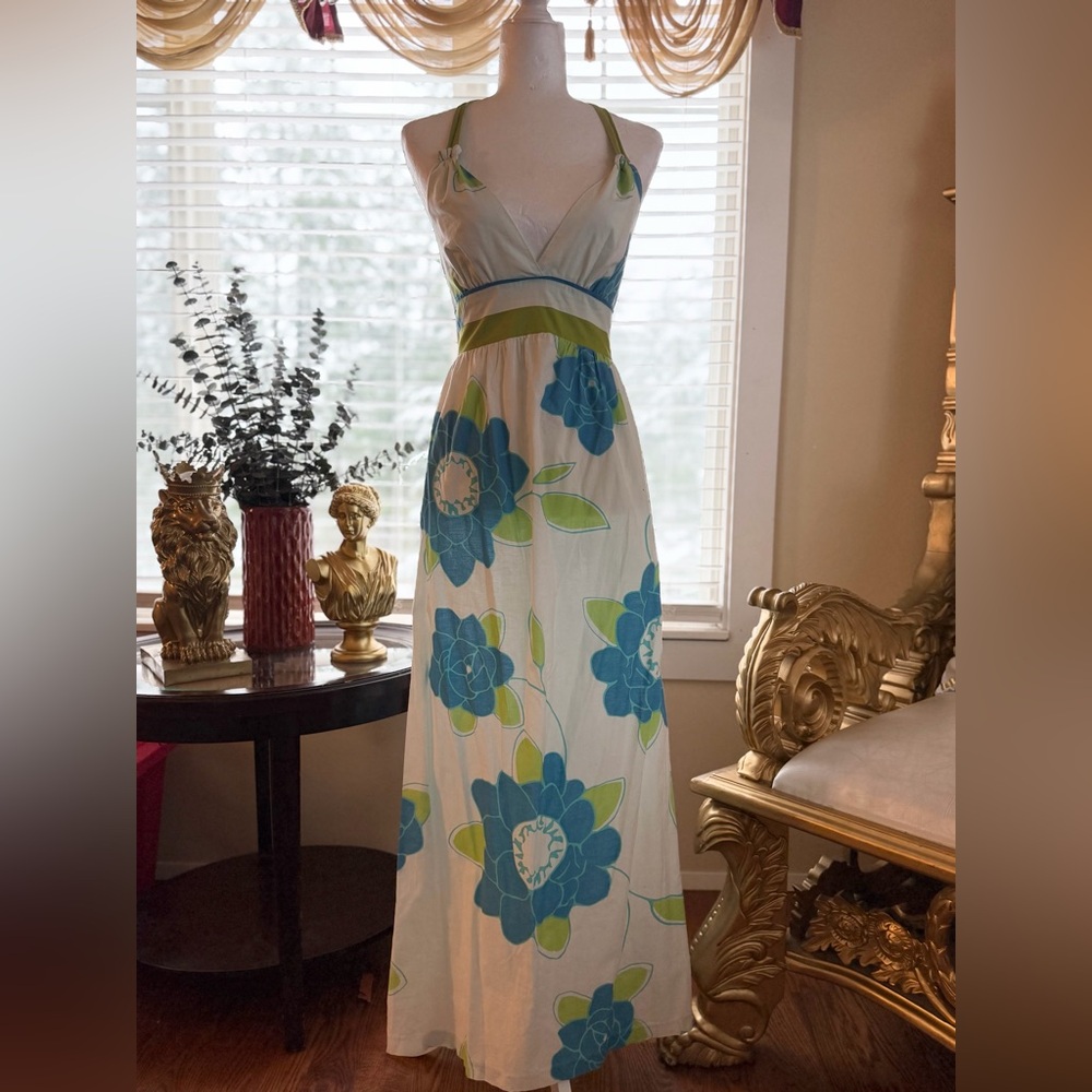 Johnny Martin White Maxi Dress with Blue and Green Floral Design